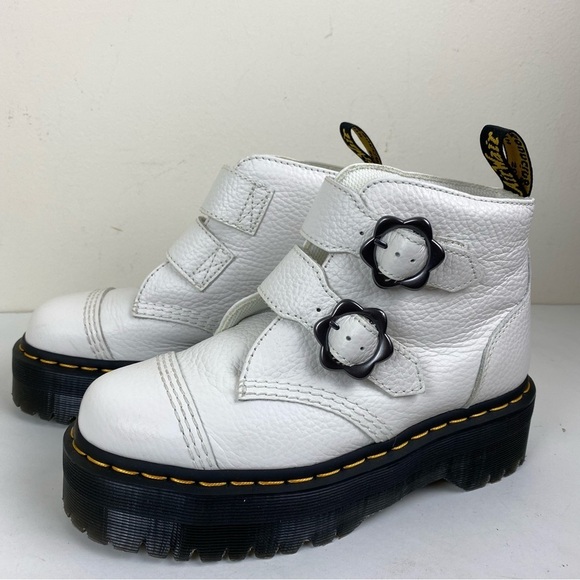 New Dr. Martens Devon Flower Buckle Leather Platform Boots - Picture 4 of 9